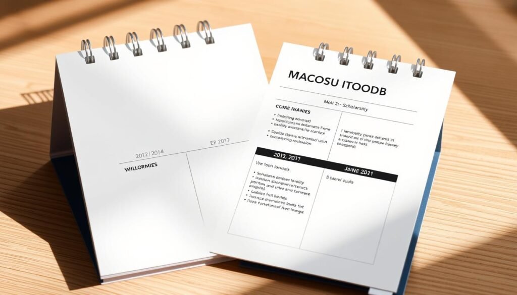 A crisp, clean desk calendar with bold, minimalist typography showcasing important scholarship deadlines and milestones. The calendar's pages are clean white, accented by sleek black lines and elegant gold foil details. Soft shadows cast from a warm, natural lighting source enhance the sense of depth and tactility. The overall design radiates a professional, yet approachable aesthetic to inspire and guide the viewer on their scholarship journey. A crisp, clean desk calendar with bold, minimalist typography showcasing important scholarship deadlines and milestones. The calendar's pages are clean white, accented by sleek black lines and elegant gold foil details. Soft shadows cast from a warm, natural lighting source enhance the sense of depth and tactility. The overall design radiates a professional, yet approachable aesthetic to inspire and guide the viewer on their scholarship journey.