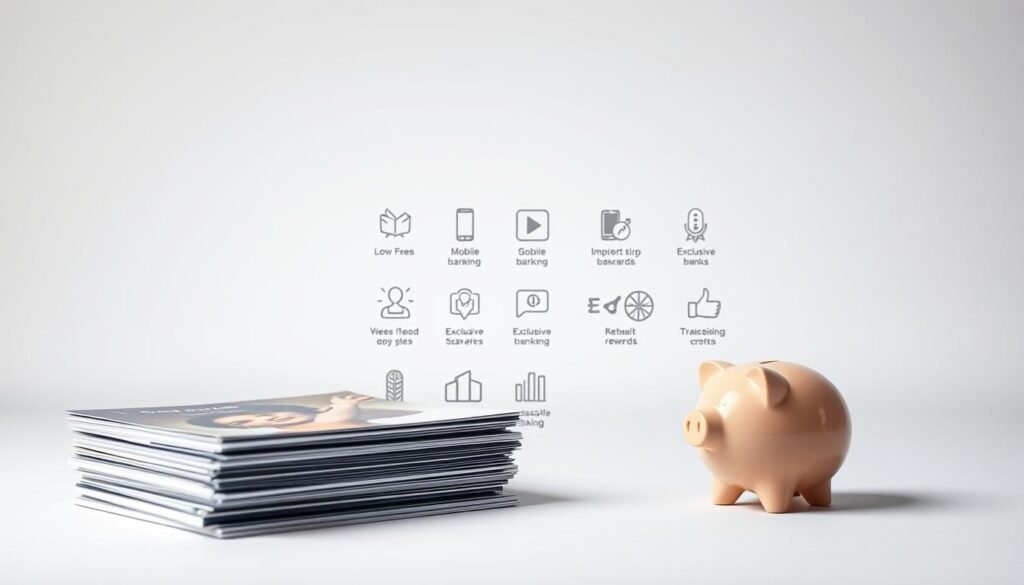 A crisp, well-lit studio scene showcasing the standout perks of student bank accounts. In the foreground, a stack of glossy brochures and a stylized piggy bank in muted tones, representing the financial features. The middle ground features a neatly arranged array of icons and infographics, highlighting key benefits like low fees, mobile banking, and exclusive rewards. The background has a clean, minimalist backdrop, allowing the financial products to take center stage. The overall composition conveys a sense of professionalism, clarity, and the value-added services students can expect from leading UK banks.