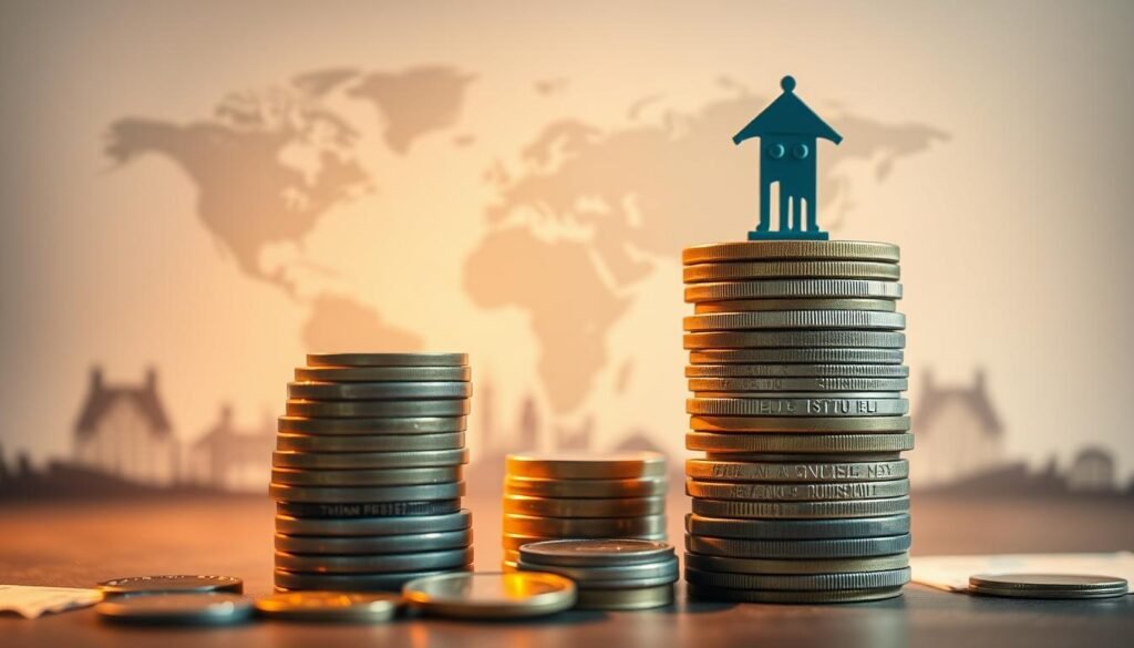 A detailed, data-driven visualization of the cost of attendance for international students in the United States. In the foreground, a stack of coins and bills representing the various expenses - tuition, fees, housing, food, transportation, and miscellaneous costs. In the middle ground, a world map highlighting the countries of origin for international students. In the background, a subtle silhouette of a university campus, suggesting the educational setting. The lighting is warm and inviting, with a focus on the financial elements to convey the practical aspects of planning a study abroad budget. The overall mood is informative and pragmatic, guiding the viewer through the key considerations for international students seeking to study in the United States.