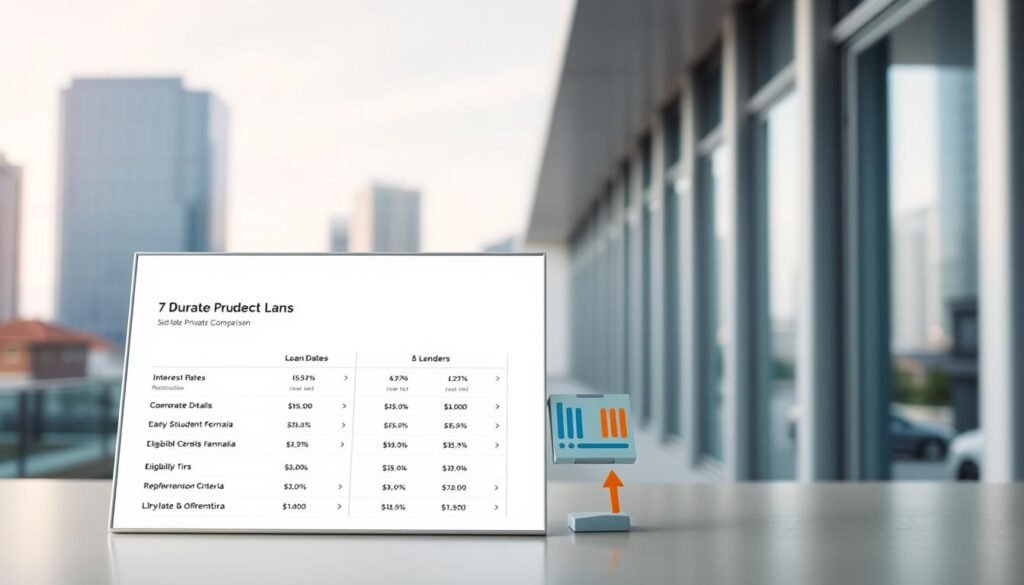 A detailed data visualization showcasing a side-by-side comparison of low-rate private student loan options. In the foreground, a clean, minimalist interface displays loan details like interest rates, repayment terms, and eligibility criteria. The middle ground features interactive charts and graphs that highlight key differentiators between lenders. In the background, a softly blurred backdrop of modern architecture and urban landscapes creates a professional, authoritative atmosphere. Crisp lighting, a shallow depth of field, and a muted color palette convey a sense of clarity and precision. The overall composition guides the viewer's attention to the essential information needed to make an informed decision about private student loans. A detailed data visualization showcasing a side-by-side comparison of low-rate private student loan options. In the foreground, a clean, minimalist interface displays loan details like interest rates, repayment terms, and eligibility criteria. The middle ground features interactive charts and graphs that highlight key differentiators between lenders. In the background, a softly blurred backdrop of modern architecture and urban landscapes creates a professional, authoritative atmosphere. Crisp lighting, a shallow depth of field, and a muted color palette convey a sense of clarity and precision. The overall composition guides the viewer's attention to the essential information needed to make an informed decision about private student loans.