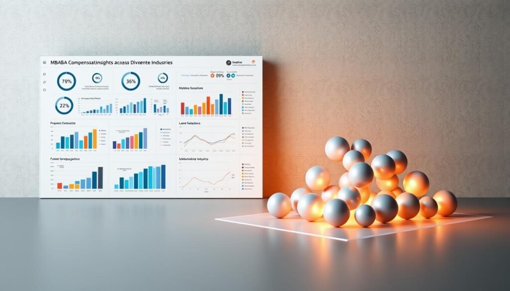A detailed data visualization showcasing the latest MBA compensation insights across diverse industries. In the foreground, a sleek, minimalist dashboard displays a grid of charts and graphs, meticulously arranged to convey key statistics and trends. The middle ground features a sophisticated, three-dimensional chart, its various data points represented by elegant spheres that cast dynamic shadows, illuminated by warm, directional lighting. In the background, a subtly textured, neutral-toned surface provides a clean, uncluttered backdrop, allowing the data visualizations to take center stage and command attention. The overall mood is one of professionalism, authority, and data-driven decision-making, reflecting the subject matter and intended use of the image.