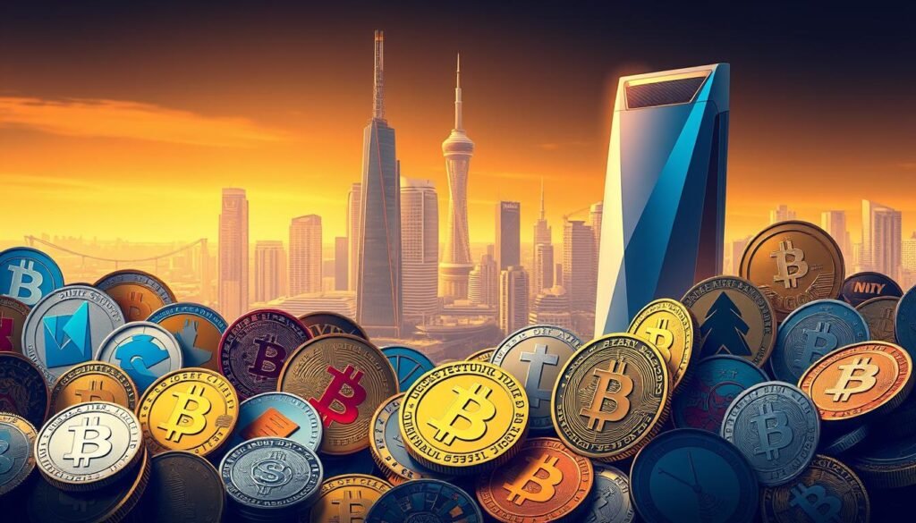 A detailed digital illustration showcasing various cryptocurrency assets in scope for UK regulations in 2026. The foreground features a diverse array of digital coins and tokens, each with distinct shapes, colors, and textures, arranged in a dynamic, visually-striking composition. The middle ground depicts a sleek, futuristic cityscape with high-rise buildings and infrastructure, hinting at the integration of these assets into the financial landscape. The background is bathed in a warm, golden glow, creating a sense of authority and legitimacy. The lighting is soft and directional, highlighting the intricate details of the cryptoassets and the modern, technologically-advanced setting. The overall mood is one of professionalism, innovation, and regulatory oversight. A detailed digital illustration showcasing various cryptocurrency assets in scope for UK regulations in 2026. The foreground features a diverse array of digital coins and tokens, each with distinct shapes, colors, and textures, arranged in a dynamic, visually-striking composition. The middle ground depicts a sleek, futuristic cityscape with high-rise buildings and infrastructure, hinting at the integration of these assets into the financial landscape. The background is bathed in a warm, golden glow, creating a sense of authority and legitimacy. The lighting is soft and directional, highlighting the intricate details of the cryptoassets and the modern, technologically-advanced setting. The overall mood is one of professionalism, innovation, and regulatory oversight.