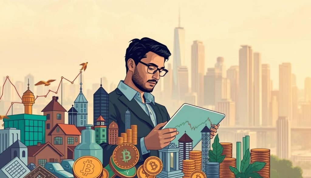 A detailed, dynamic illustration of investment goals. In the foreground, a diverse portfolio of financial instruments - stocks, bonds, real estate, cryptocurrency - arranged in a visually appealing composition. The middle ground depicts a person reviewing their investment plan on a tablet, with a contemplative expression. The background showcases a cityscape with towering skyscrapers, symbolizing the growth and potential of successful investments. Soft, warm lighting creates an atmosphere of confidence and optimism. Crisp, cinematic angles highlight the key elements. The overall scene conveys a sense of informed, intentional financial planning for the future. A detailed, dynamic illustration of investment goals. In the foreground, a diverse portfolio of financial instruments - stocks, bonds, real estate, cryptocurrency - arranged in a visually appealing composition. The middle ground depicts a person reviewing their investment plan on a tablet, with a contemplative expression. The background showcases a cityscape with towering skyscrapers, symbolizing the growth and potential of successful investments. Soft, warm lighting creates an atmosphere of confidence and optimism. Crisp, cinematic angles highlight the key elements. The overall scene conveys a sense of informed, intentional financial planning for the future.