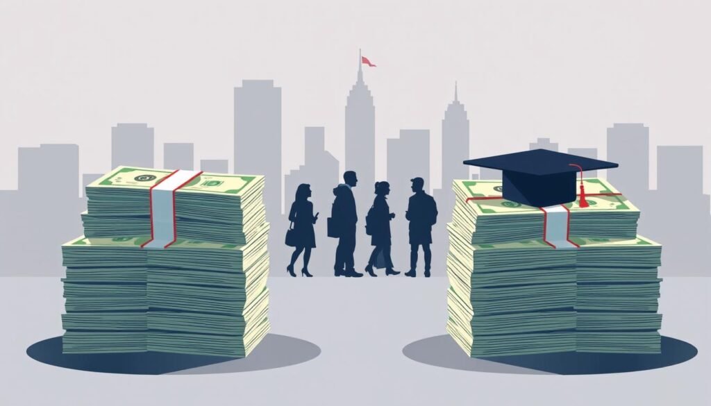 A detailed financial comparison between student loan consolidation and refinancing in the USA, showcased through a clean, modern illustration. In the foreground, two contrasting stacks of money represent the distinct financial implications of each option. The middle ground features silhouettes of students, highlighting the personal impact. The background is a minimalist cityscape, evoking the broader economic context. Soft, directional lighting casts subtle shadows, creating depth and emphasizing the key details. The overall tone is one of thoughtful analysis, guiding the viewer to understand the nuanced differences between these crucial financial decisions.