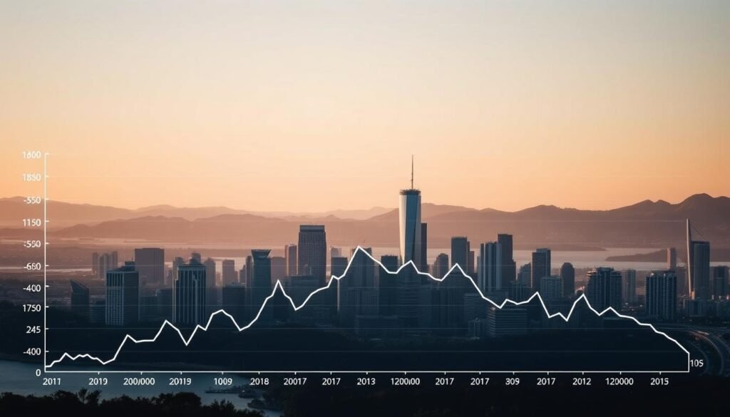 A detailed, high-resolution image of the ASX 200 index, the leading benchmark for the Australian stock market. The foreground should feature a sleek, minimalist chart displaying the ASX 200's key performance metrics, with clean lines and a muted color palette. The middle ground should showcase a dynamic cityscape of the Sydney financial district, with iconic skyscrapers and modern architecture bathed in soft, diffused lighting. The background should depict a serene landscape, perhaps rolling hills or a tranquil harbor, conveying a sense of stability and long-term growth. The overall mood should be one of professional sophistication, financial stability, and cautious optimism.