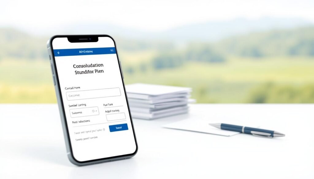 A detailed illustration of a direct consolidation loan application, showcased against a clean, minimalist background. In the foreground, a smartphone displays the loan application form, its interface meticulously designed with clean lines and intuitive controls. In the middle ground, a stack of documents and a pen symbolize the paperwork involved, while the background features a serene, blurred landscape that conveys a sense of calm and organization. The lighting is soft and diffused, creating a sense of professionalism and trust. The overall atmosphere is one of simplicity, efficiency, and a streamlined process for consolidating student loans.