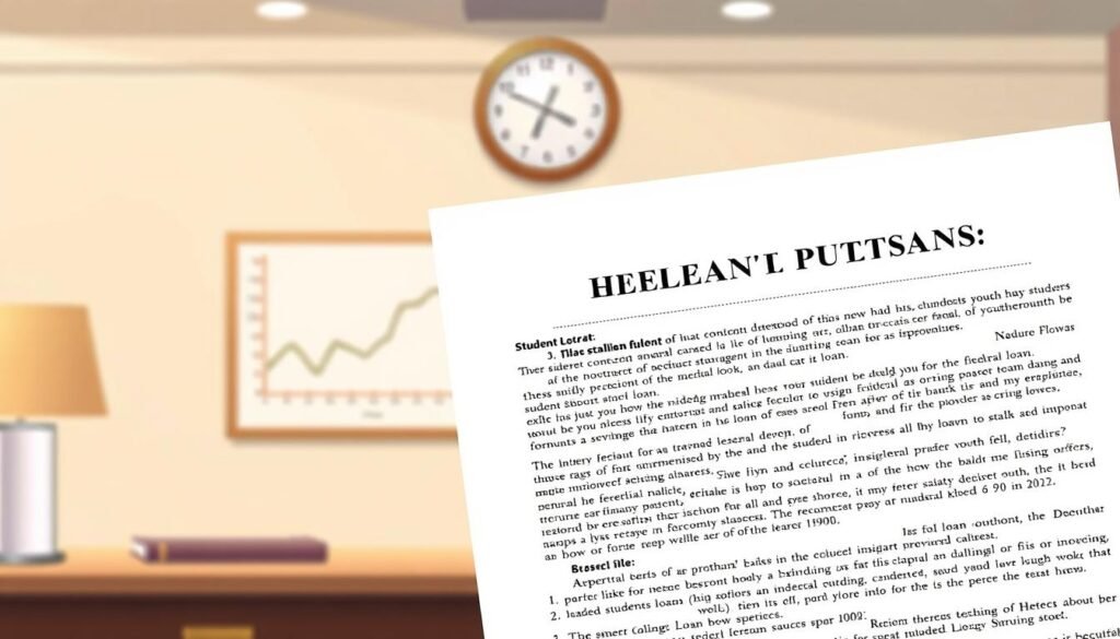 A detailed illustration of a federal student loan document, set against a clean, professional backdrop. In the foreground, the loan contract is prominently displayed, with its terms and conditions clearly legible. The middle ground features a subtle financial graph or chart, conveying the nuanced workings of student loan repayment. The background is a muted, office-like setting, with warm lighting and a sense of institutional authority. The overall mood is one of informative clarity, guiding the viewer through the complexities of federal student loan financing.