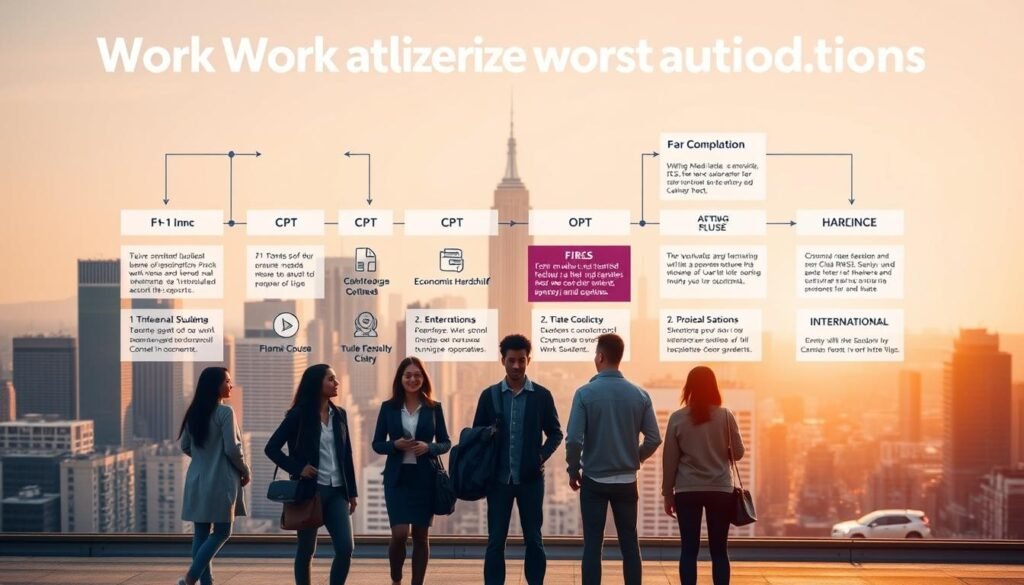 A detailed infographic depicting various work authorization paths for international students in the United States. In the foreground, a diverse group of students stands confidently, each representing a different visa type - F-1 on-campus, CPT, OPT, economic hardship, and international organizations. The middle ground showcases clear, concise icons and information boxes outlining the key details of each option. The background features a subtle, clean cityscape with skyscrapers and bustling streets, symbolizing the professional opportunities awaiting international students. The scene is illuminated by soft, warm lighting, creating a sense of hope and possibility. The overall composition conveys a comprehensive, visually appealing guide to navigating the complex world of work authorization for international students in the USA.