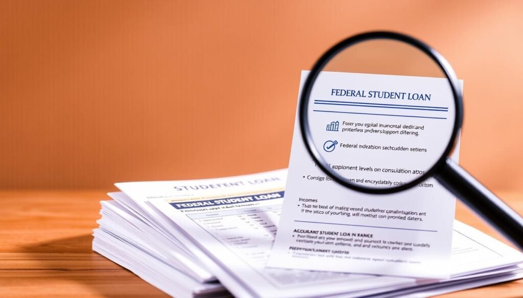A detailed infographic set against a warm, earthy tone. In the foreground, a stack of various federal student loan documents, each with its own distinct color and iconography, representing the different loan types. In the middle ground, a magnifying glass hovers over the documents, highlighting the key eligibility criteria - income levels, repayment plans, and consolidation options. The background depicts a subtly patterned gradient, evoking a sense of financial stability and security. The lighting is soft and directional, casting gentle shadows that add depth and dimension to the composition. The overall mood is informative and authoritative, guiding the viewer through the complexities of federal student loan eligibility and options.