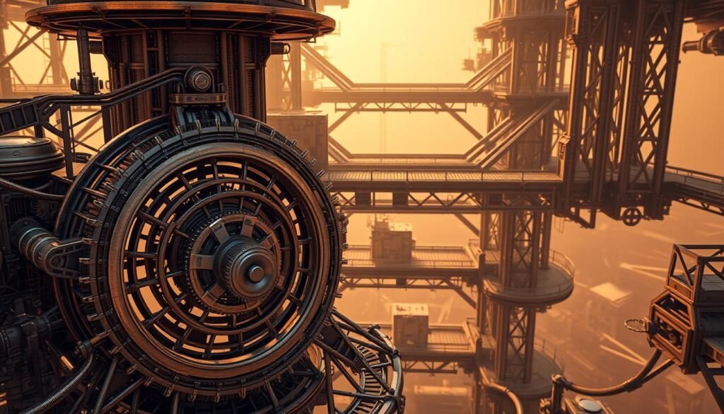 A detailed, layered architectural framework of interwoven gears, cogs, and circuit boards, bathed in a soft, warm glow. The foreground features a central hub with intricate metallic components interlocking and spinning in a mesmerizing pattern. The middle ground showcases a network of interconnected pathways and support structures, creating a sense of depth and complexity. The background subtly fades into a hazy, amber-tinted atmosphere, evoking a futuristic, technological ambiance. The lighting is carefully balanced, casting gentle shadows and highlights to accentuate the framework's mechanical elegance. The overall impression is one of a sophisticated, well-designed system that seamlessly integrates various elements into a cohesive whole. A detailed, layered architectural framework of interwoven gears, cogs, and circuit boards, bathed in a soft, warm glow. The foreground features a central hub with intricate metallic components interlocking and spinning in a mesmerizing pattern. The middle ground showcases a network of interconnected pathways and support structures, creating a sense of depth and complexity. The background subtly fades into a hazy, amber-tinted atmosphere, evoking a futuristic, technological ambiance. The lighting is carefully balanced, casting gentle shadows and highlights to accentuate the framework's mechanical elegance. The overall impression is one of a sophisticated, well-designed system that seamlessly integrates various elements into a cohesive whole.