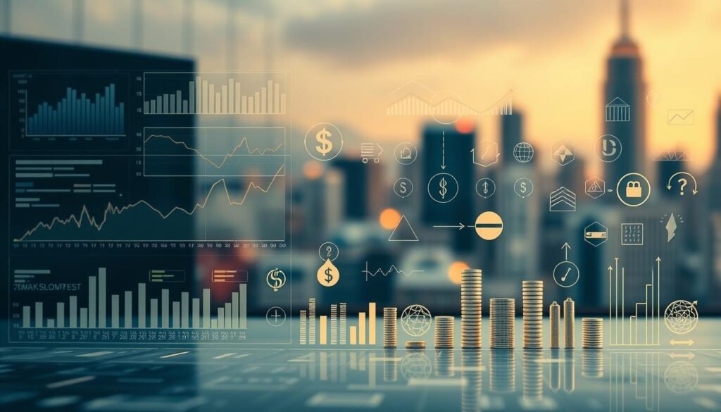 A detailed, meticulously crafted image of the core concepts of stock market investing. In the foreground, a visually striking set of financial charts, graphs, and data visualizations, reflecting the key metrics and indicators that are fundamental to understanding the market. In the middle ground, elegant, minimalist icons and symbols representing diverse investment vehicles like stocks, bonds, commodities, and currencies. The background features a softly blurred cityscape, conveying the dynamic, fast-paced nature of the financial world. Subtle, warm lighting creates a sense of depth and dimension, while a muted color palette of blues, grays, and golds evokes the seriousness and sophistication of the subject matter. The overall composition is balanced and visually striking, seamlessly blending form and function to create a comprehensive, educational illustration of stock market core concepts.