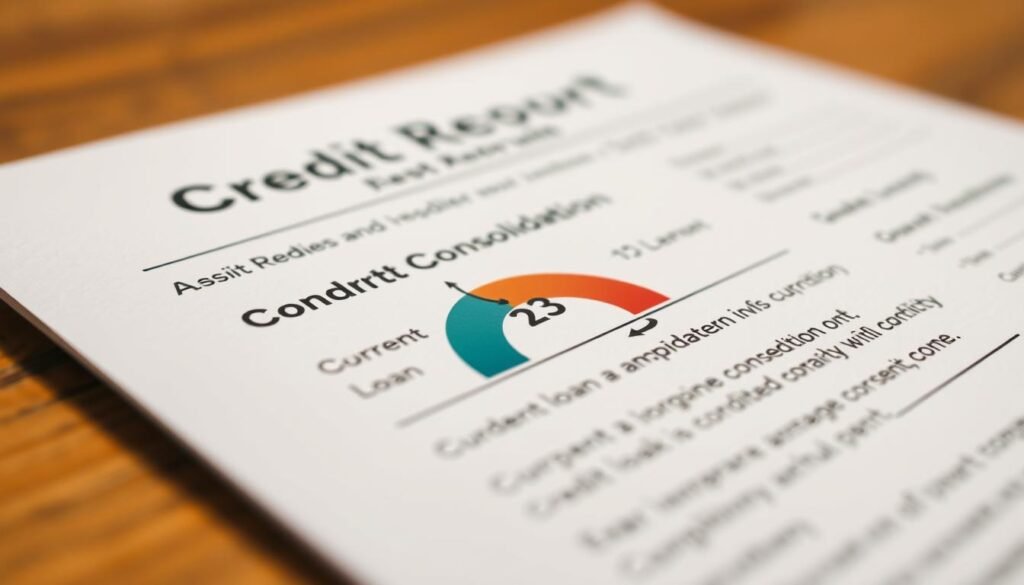 A detailed, photorealistic image of the impact of student loan consolidation on a person's credit score. The image depicts a close-up view of a person's credit report, with a highlighted section showing the impact of loan consolidation. The report displays a credit score scale, with the current score prominently featured and an arrow indicating the change in score due to the consolidation. The background is blurred, creating a shallow depth of field and drawing the viewer's attention to the credit report. The lighting is soft and directional, creating subtle shadows and highlights that enhance the sense of depth and realism. The overall mood is serious and informative, reflecting the importance of understanding the impact of financial decisions on one's credit.