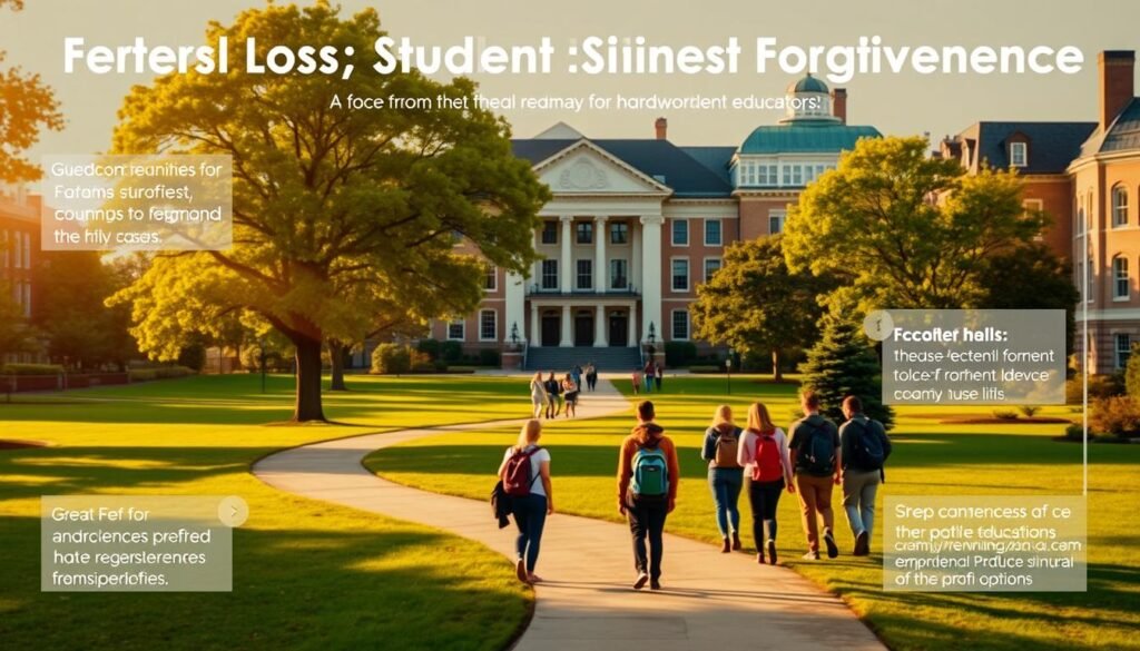 A detailed roadmap for federal student loan forgiveness, set against a backdrop of a university campus. In the foreground, a winding path leads through a lush, tree-lined quad, guiding the viewer's eye towards a stately, neo-gothic administration building. The middle ground features clusters of students, backpacks slung over their shoulders, discussing their financial options. Warm, golden light filters through the windows, casting a sense of hope and possibility. The background showcases the diverse architecture of the campus, with modern residence halls and historic lecture halls standing side by side. The overall atmosphere is one of guidance, community, and the promise of a brighter financial future for hardworking educators.