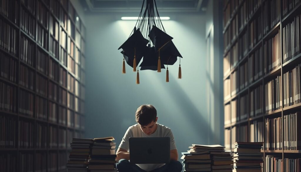 A dimly lit library interior, with tall bookshelves lining the walls, casting long shadows across the room. In the foreground, a young adult sits hunched over a laptop, surrounded by stacks of books and papers, a pensive expression on their face as they grapple with the burden of student loans. The middle ground features a cluster of graduation caps hanging from the ceiling, representing the achievements and dreams now weighed down by financial constraints. The background is hazy, with a sense of uncertainty and unease, reflecting the challenges Canadian graduates face in managing their debt.