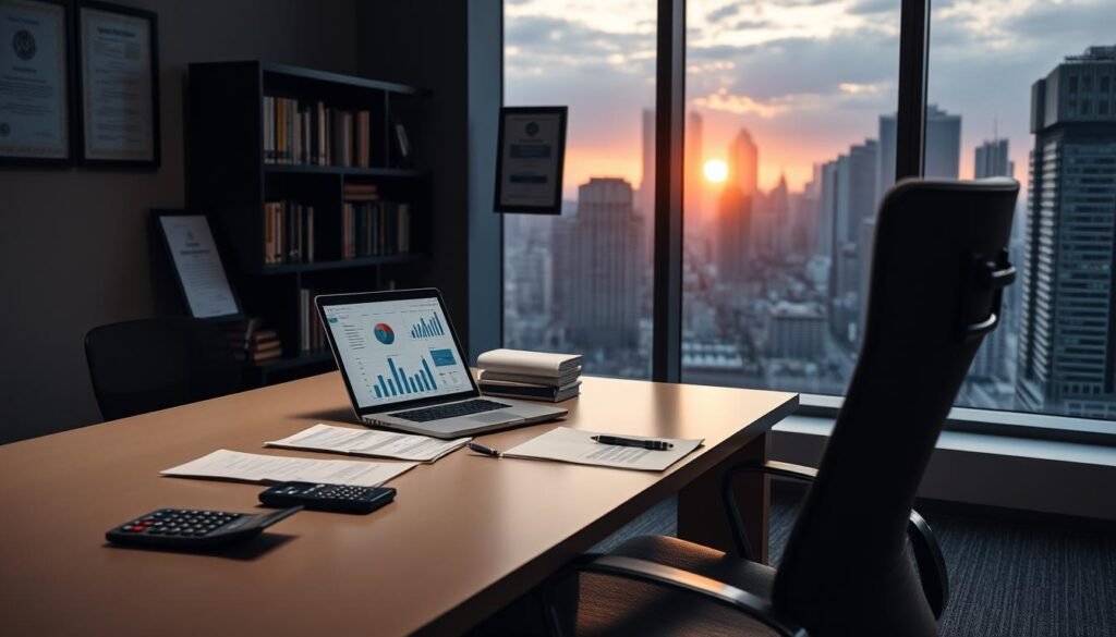 A dimly lit office setting, with a sleek, modern desk and chair in the foreground. On the desk, an open laptop displays financial reports and charts, accompanied by a calculator, pen, and a stack of documents. In the middle ground, a bookshelf filled with finance and business books, and a framed certificate or award on the wall, hinting at the expertise of the occupant. The background features a large window overlooking a bustling city skyline, bathed in the warm glow of the setting sun. The overall mood is one of quiet focus and determination, capturing the essence of building core finance skills that impress hiring managers.