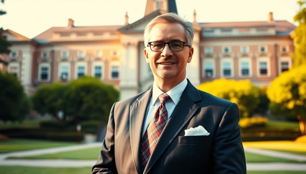 A distinguished academic dressed in a formal suit, standing confidently in front of a stately university building, illuminated by warm, soft lighting. The subject's posture and expression convey a sense of pride and accomplishment, reflecting the merit-based nature of their academic accolades. The background features a manicured campus landscape, with lush greenery and a grand, historic architecture, further emphasizing the prestigious academic setting. The overall composition and mood suggest the prestige and honor associated with merit-based scholarships and awards.