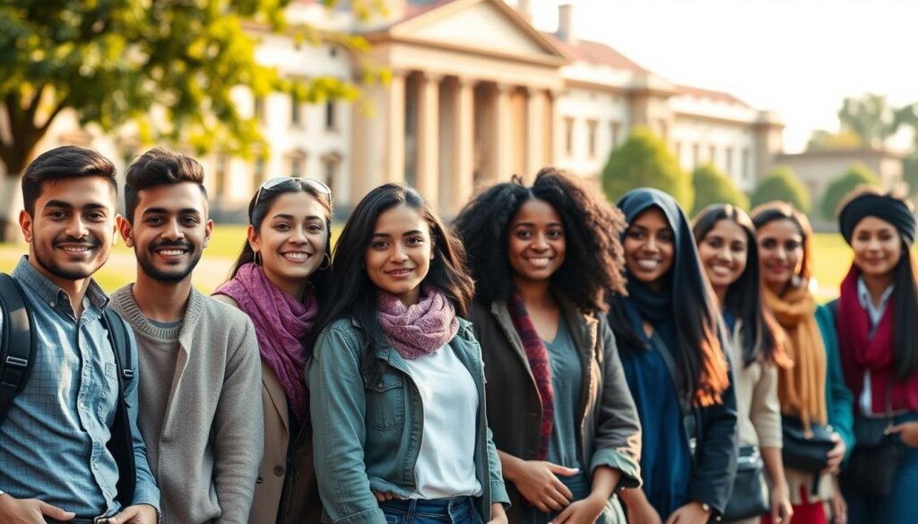 A diverse group of international students from various backgrounds standing in a row, facing the camera with expressions of hope and determination. The scene is bathed in warm, natural lighting, casting a soft glow on their faces. In the background, a blurred image of a prestigious university campus with stately buildings and lush greenery, symbolizing the educational opportunities they seek. The foreground is sharp, with the students' attire and accessories reflecting their cultural diversity, creating a visually striking and inclusive representation of international student funding.