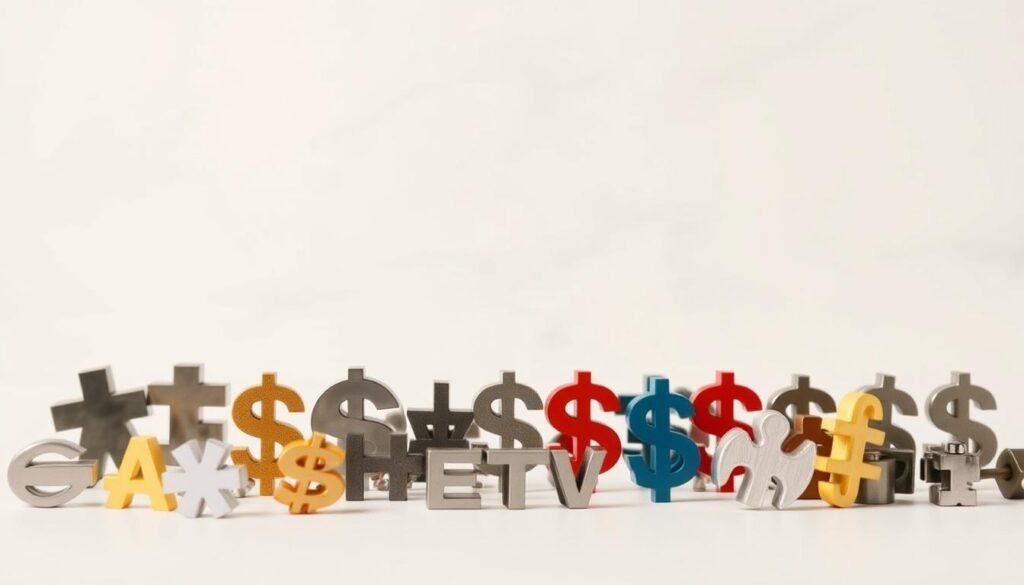 A diverse portfolio of exchange-traded funds (ETFs) against a clean, minimalist background. In the foreground, a variety of ETF symbols representing different asset classes like stocks, bonds, and commodities, arranged in an aesthetically pleasing composition. The middle ground features a simple grid or hexagonal pattern symbolizing diversification, with the ETF symbols evenly distributed. The background is a softly blurred, neutral tone, creating a sense of balance and stability. The lighting is soft and diffused, highlighting the ETF symbols without harsh shadows. The overall mood is one of financial security, prudent investment, and long-term growth.