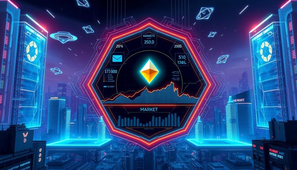 A dynamic, futuristic visualization of the cryptocurrency market's current landscape, showcasing the market capitalization data in a sleek, infographic-style presentation. A focal point of interlocking geometric shapes and data visualizations, bathed in a cool, neon-tinged lighting scheme, set against a backdrop of a futuristic cityscape with skyscrapers and hovering holographic displays. The overall composition conveys a sense of scale, innovation, and the fast-paced, ever-evolving nature of the crypto sector.