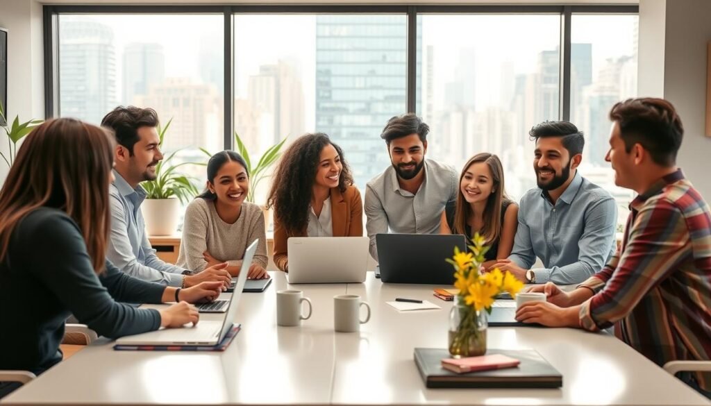 A dynamic group of international students engaged in a lively discussion about their internship experiences in the United States. The foreground features a diverse team collaborating around a sleek, modern table, with laptops, notepads, and coffee mugs suggesting a productive work environment. The middle ground showcases a bright, airy office space with large windows, potted plants, and minimalist decor, creating a welcoming and professional atmosphere. The background hints at the bustling city skyline outside, emphasizing the global and cosmopolitan setting. The scene is illuminated by warm, diffused lighting, giving it a sense of energy and optimism. Overall, the image conveys the value and excitement of participating in paid internships in the United States as an international student. A dynamic group of international students engaged in a lively discussion about their internship experiences in the United States. The foreground features a diverse team collaborating around a sleek, modern table, with laptops, notepads, and coffee mugs suggesting a productive work environment. The middle ground showcases a bright, airy office space with large windows, potted plants, and minimalist decor, creating a welcoming and professional atmosphere. The background hints at the bustling city skyline outside, emphasizing the global and cosmopolitan setting. The scene is illuminated by warm, diffused lighting, giving it a sense of energy and optimism. Overall, the image conveys the value and excitement of participating in paid internships in the United States as an international student.