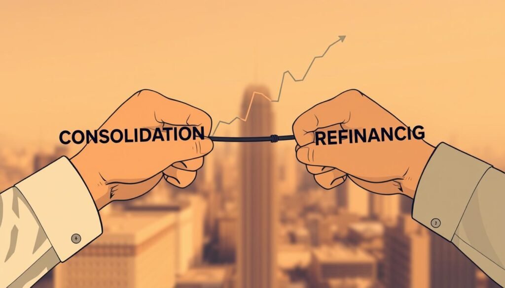 A dynamic tug-of-war between consolidation and refinancing, depicted in a sleek, minimalist illustration. In the foreground, two hands, one gripping "Consolidation" and the other "Refinancing", engaged in a subtle struggle. The middle ground features a financial graph, its lines ebbing and flowing, symbolizing the complex interplay between the two options. The background is a softly blurred cityscape, hinting at the broader financial landscape. Warm, muted tones create a contemplative mood, inviting the viewer to explore the nuances of this critical financial decision. Crisp, high-contrast rendering with a touch of cinematic flair, captured through a medium-wide angle lens.
