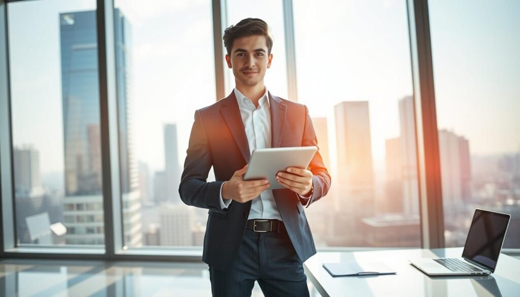 A dynamic young professional stands confidently in a sleek, modern office setting, dressed in a well-tailored suit. Sunlight streams through floor-to-ceiling windows, casting a warm glow on the scene. In the foreground, the figure is poised with a tablet in hand, exuding a sense of focused determination. The middle ground features a clean, minimalist desk with neatly organized documents and a laptop, hinting at the individual's attention to detail and organizational prowess. The background showcases a cityscape of towering skyscrapers, symbolizing the ambitious and competitive finance industry. The overall atmosphere conveys a sense of ambitious drive, technical expertise, and a desire to stand out in a crowded field.