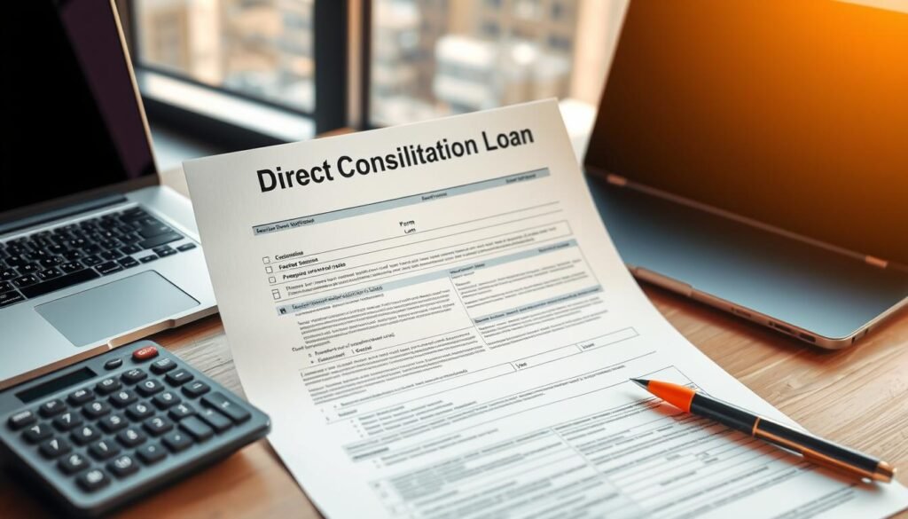 A financial advisor's desk with a direct consolidation loan form, calculator, and laptop. The document is prominently displayed, with a pen and highlighter nearby, conveying a sense of careful analysis and decision-making. The background features a soft, blurred cityscape, suggesting the broader context of financial planning and personal finance. The lighting is warm and inviting, creating a professional yet approachable atmosphere. The composition emphasizes the centrality of the consolidation loan form, framing it as the focus of the scene.