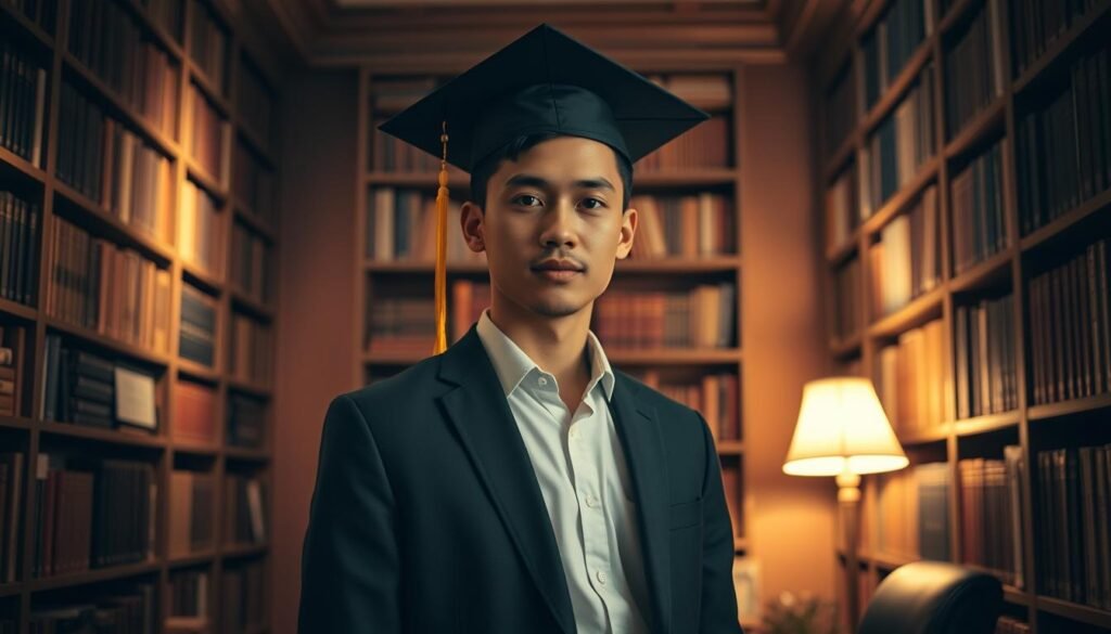 A graduate student standing confidently in a dimly lit study, surrounded by towering bookshelves and a warm, inviting atmosphere. The student, dressed in a well-tailored suit, exudes an air of professionalism and academic excellence. The scene is captured through a medium-wide angle lens, with soft, directional lighting illuminating the student's face and the intricate details of the study. The overall mood is one of quiet determination and scholarly pursuit, reflecting the unique challenges and opportunities faced by private graduate students.
