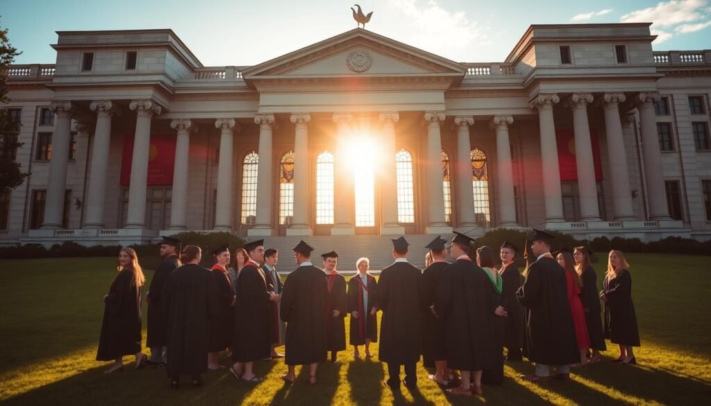 A grand, imposing marble structure stands tall, its columns and arches casting long shadows across a lush, well-manicured lawn. Sunlight filters through stained glass windows, casting a warm, inviting glow. In the foreground, a group of students in academic robes gather, their faces alight with enthusiasm and determination. The scene exudes a sense of academic excellence, tradition, and the promise of boundless opportunities that a prestigious scholarship can unlock. A sense of grandeur and opportunity pervades the image, capturing the essence of the merit-based scholarships that can fund a transformative postgraduate experience.