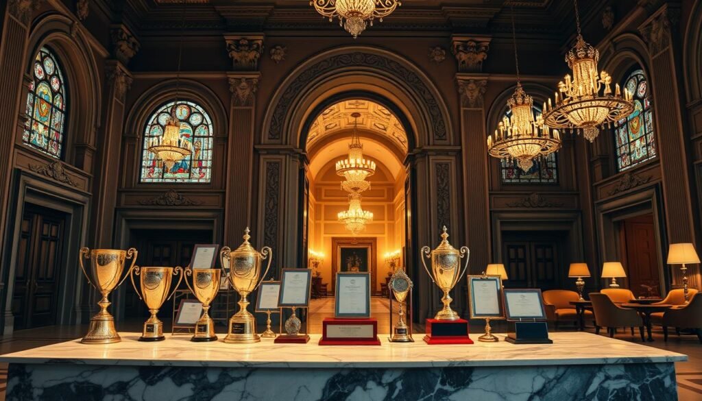 A grand, ornately designed entrance awards display in a prestigious university lobby. The foreground showcases gleaming trophies, certificates, and medals on a polished marble pedestal, casting a warm glow under soft, dramatic lighting. The middle ground features a majestic, arched entryway framed by intricate stone carvings and stained glass windows, conveying a sense of grandeur and academic excellence. The background depicts a spacious, high-ceilinged hall with elegant chandeliers and richly upholstered furniture, creating an atmosphere of prestige and academic achievement. The overall scene evokes a profound sense of accomplishment and the pride associated with earning distinguished entrance awards. A grand, ornately designed entrance awards display in a prestigious university lobby. The foreground showcases gleaming trophies, certificates, and medals on a polished marble pedestal, casting a warm glow under soft, dramatic lighting. The middle ground features a majestic, arched entryway framed by intricate stone carvings and stained glass windows, conveying a sense of grandeur and academic excellence. The background depicts a spacious, high-ceilinged hall with elegant chandeliers and richly upholstered furniture, creating an atmosphere of prestige and academic achievement. The overall scene evokes a profound sense of accomplishment and the pride associated with earning distinguished entrance awards.