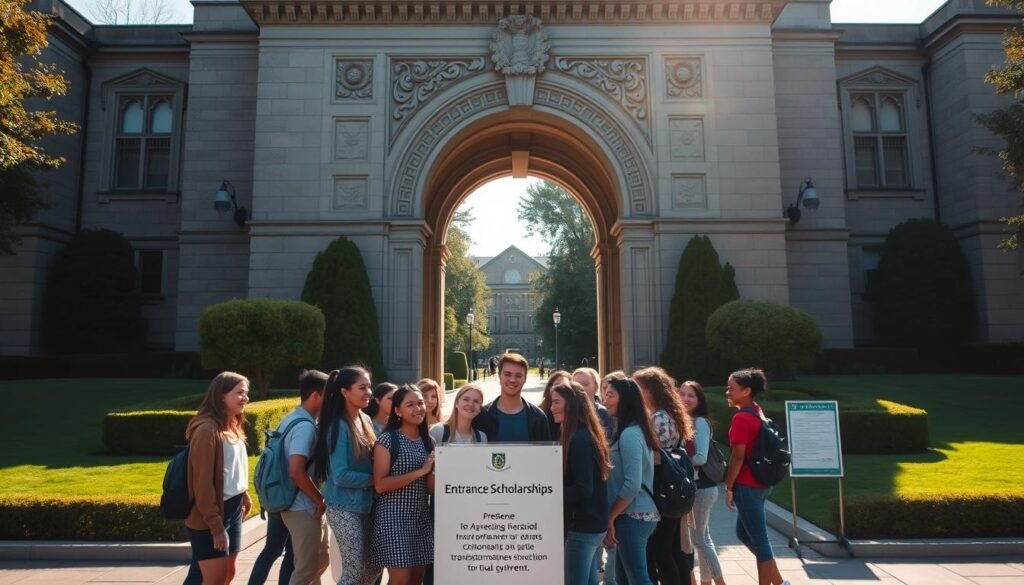 A grand stone archway stands tall, its intricate carvings casting long shadows as the sun streams through. Meticulously groomed lawns and neatly trimmed hedges frame the entrance, creating a sense of academic grandeur. In the foreground, a group of diverse students, their faces alight with excitement, gather around an informational kiosk, eager to learn about the prestigious entrance scholarships on offer. The overall scene radiates a feeling of opportunity, achievement, and the promise of a transformative educational journey.