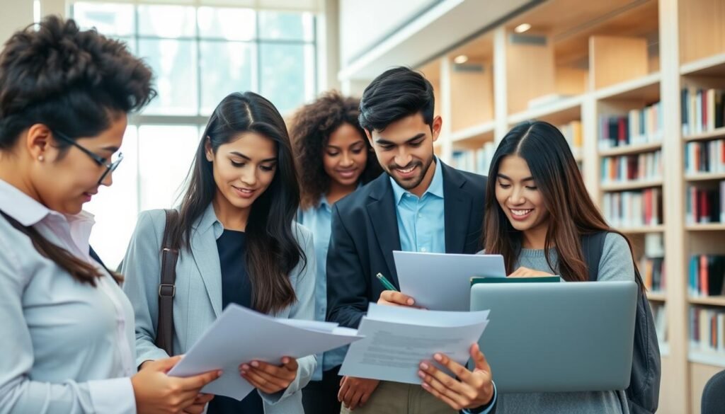 A group of diverse international students, dressed in professional attire, gathered in a modern university library. The foreground features three students intently reviewing scholarship application materials, their faces alight with determination. In the middle ground, a pair of students collaborate on a laptop, discussing their plans. The background showcases the serene, well-lit interior of the library, with bookshelves lining the walls and a large window providing natural illumination. The overall atmosphere conveys a sense of academic focus, collaboration, and the pursuit of educational opportunities through international scholarships.