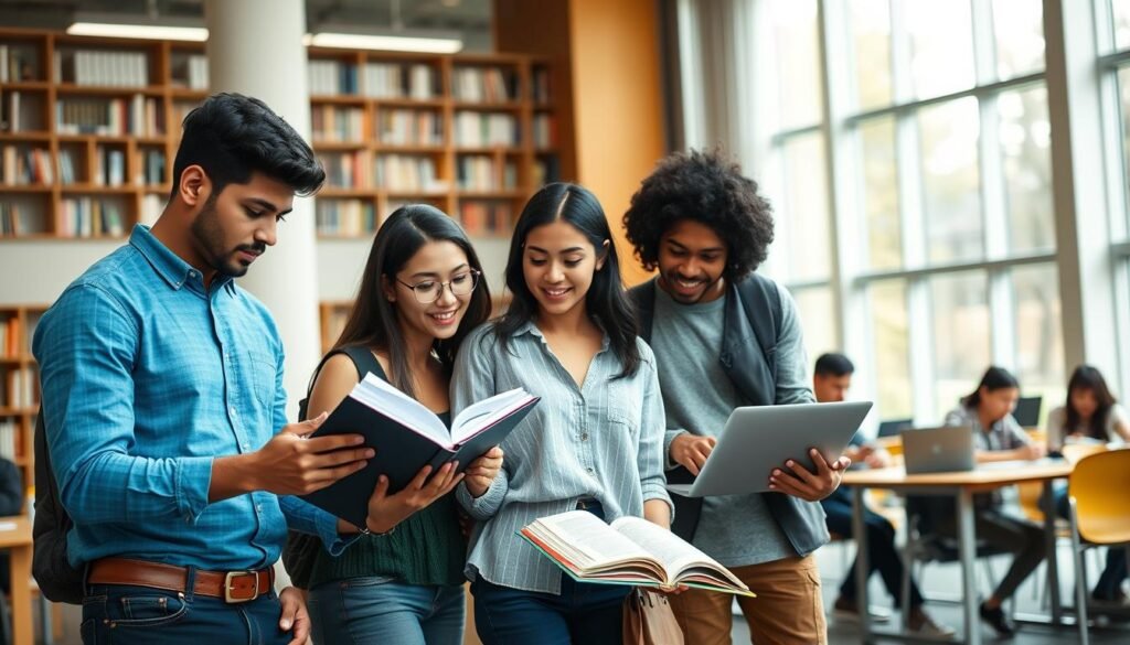 A group of diverse, motivated university students studying together in a bright, modern campus library. In the foreground, three students are intently examining textbooks and taking notes, their faces full of intellectual engagement. In the middle ground, a couple students are collaborating on a laptop, gesturing animatedly. The background features tall windows allowing natural light to pour in, shelves of books lining the walls, and a few other students working independently at desks. The overall atmosphere conveys a sense of academic focus, collaborative energy, and the promise of opportunity that a merit-based scholarship could help realize. A group of diverse, motivated university students studying together in a bright, modern campus library. In the foreground, three students are intently examining textbooks and taking notes, their faces full of intellectual engagement. In the middle ground, a couple students are collaborating on a laptop, gesturing animatedly. The background features tall windows allowing natural light to pour in, shelves of books lining the walls, and a few other students working independently at desks. The overall atmosphere conveys a sense of academic focus, collaborative energy, and the promise of opportunity that a merit-based scholarship could help realize.
