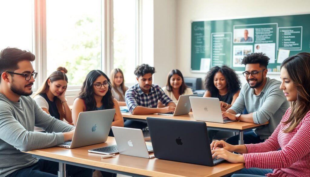 A group of diverse students sitting at desks, engaged in online learning through laptops and tablets. The classroom has large windows allowing natural light to flood the space, creating a warm, inviting atmosphere. The students have a range of expressions, some focused intently on their screens, others collaborating. In the background, a virtual blackboard displays course materials, emphasizing the remote, distance-based nature of the learning environment. The scene conveys a sense of productivity, connectedness, and the flexibility of modern distance education. A group of diverse students sitting at desks, engaged in online learning through laptops and tablets. The classroom has large windows allowing natural light to flood the space, creating a warm, inviting atmosphere. The students have a range of expressions, some focused intently on their screens, others collaborating. In the background, a virtual blackboard displays course materials, emphasizing the remote, distance-based nature of the learning environment. The scene conveys a sense of productivity, connectedness, and the flexibility of modern distance education.