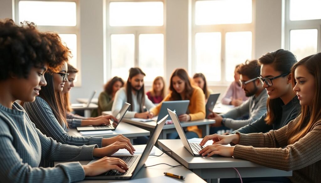 A group of diverse students sitting at desks in a modern, well-lit classroom, engaged in online learning. Soft, warm lighting filters through large windows, illuminating the scene. The students' faces are focused on their laptop screens, fingers typing intently. The room has a sense of quiet concentration, with minimalist decor and clean, neutral tones creating a calm, productive atmosphere. The camera angle is slightly elevated, giving a bird's-eye view of the studious students, their digital devices and study materials scattered across the desks. The overall impression is one of dedicated, self-directed learning in a nurturing, technology-driven educational environment.