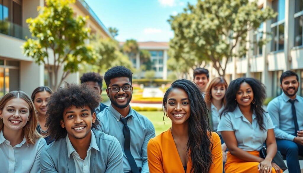 A group of diverse university students, dressed in formal attire, sitting or standing in a bright, modern university campus setting. The foreground features the students, their faces expressing a sense of determination and academic excellence. The middle ground showcases the campus architecture, with clean lines, large windows, and a warm, inviting atmosphere. The background depicts a lush, well-manicured outdoor area, with trees, greenery, and a clear, blue sky overhead, creating a tranquil and inspiring environment. The lighting is natural, creating soft shadows and highlights that accentuate the students' features and the overall sense of academic achievement and potential.