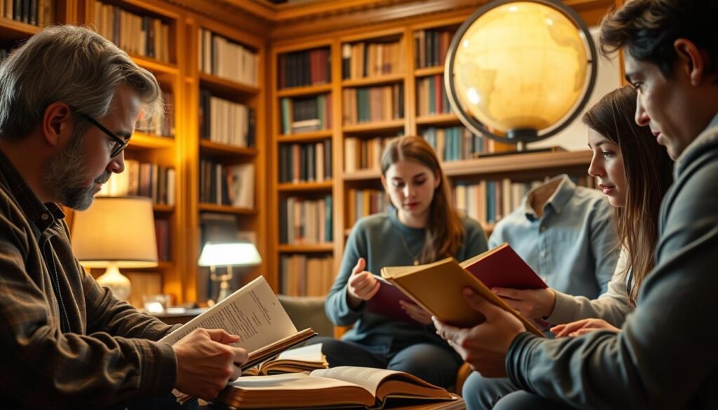 A group of doctoral students deep in academic discussion, their faces illuminated by the soft glow of a library lamp. The foreground features three scholars intently poring over books and papers, their brows furrowed in concentration. In the middle ground, a pair of students debate a point, gesturing emphatically. The background depicts a cozy, wood-paneled study, filled with towering bookshelves and a large globe casting an ambient light. The scene conveys a sense of intellectual rigor, collaboration, and the pursuit of knowledge - characteristics essential for international students and doctoral candidates seeking fully funded scholarships in Germany.