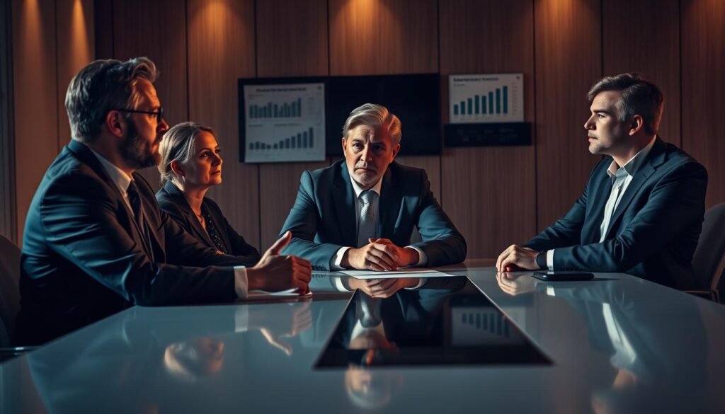 A group of professional lenders sitting around a sleek, modern conference table, dressed in sharp business attire. The lighting is warm and directional, casting dramatic shadows and highlights on their faces, conveying a sense of authority and expertise. In the foreground, a lender is gesturing animatedly, discussing loan terms with the others, while in the background, financial documents and charts are visible on the wall, providing context. The overall atmosphere is one of serious deliberation and decision-making, reflecting the importance of the lenders' role in shaping the financial futures of their clients. A group of professional lenders sitting around a sleek, modern conference table, dressed in sharp business attire. The lighting is warm and directional, casting dramatic shadows and highlights on their faces, conveying a sense of authority and expertise. In the foreground, a lender is gesturing animatedly, discussing loan terms with the others, while in the background, financial documents and charts are visible on the wall, providing context. The overall atmosphere is one of serious deliberation and decision-making, reflecting the importance of the lenders' role in shaping the financial futures of their clients.