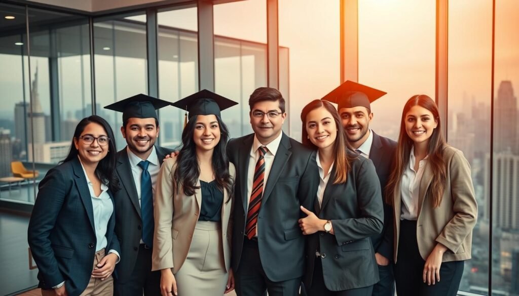 A group of young professionals in business attire, standing proudly together in a modern office setting, their faces beaming with a sense of accomplishment. The scene is bathed in warm, soft lighting, capturing the celebratory mood as they mark the completion of their academic journey and the beginning of their careers in the finance industry. In the background, sleek glass walls offer a glimpse of the bustling city skyline, symbolizing the vast opportunities that await these fresh graduates. The composition is well-balanced, with the graduates occupying the central focus, while the environment provides a sophisticated and aspirational backdrop.