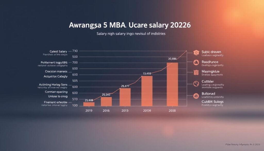 A high-quality infographic displaying the average MBA salary in the USA across various industries in 2026. The central focus is a sleek, data-driven chart showcasing the compensation figures, presented against a minimalist background with clean typography and a professional, corporate aesthetic. The chart is flanked by subtle iconography and shapes to accentuate the different industry sectors. Warm, directional lighting casts a subtle glow, creating depth and highlighting the key data points. The overall composition is balanced, inviting the viewer to explore the insights at a glance.