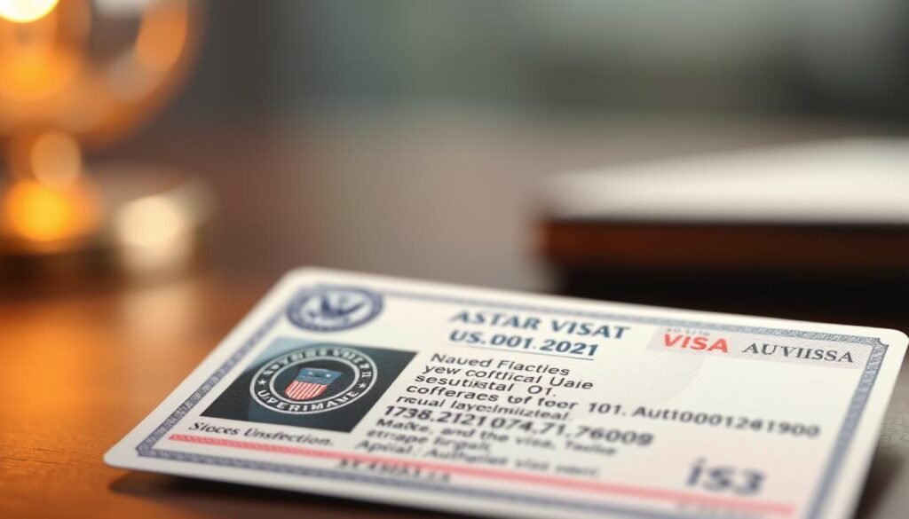 A high-quality, photorealistic image of a U.S. visa authorization document. The document is in the foreground, slightly angled and illuminated by soft, warm lighting. The background is blurred, creating a sense of depth and focus on the visa. The visa shows the official government seal, holographic security features, and detailed text describing the holder's authorization. The overall mood is one of official, legal documentation with a sense of security and authenticity. A high-quality, photorealistic image of a U.S. visa authorization document. The document is in the foreground, slightly angled and illuminated by soft, warm lighting. The background is blurred, creating a sense of depth and focus on the visa. The visa shows the official government seal, holographic security features, and detailed text describing the holder's authorization. The overall mood is one of official, legal documentation with a sense of security and authenticity.