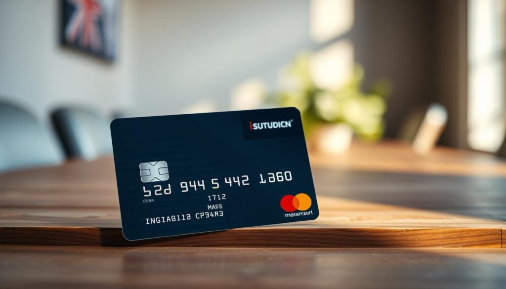 A high-quality student credit card resting on a wooden table, illuminated by soft, natural lighting from the side. The card is displayed prominently, with its front side visible, showcasing its sleek design, metallic accents, and distinctive branding. The background is slightly blurred, creating a sense of depth and focus on the card. The overall scene conveys a sense of professionalism, reliability, and the financial opportunities available to international students in the UK.