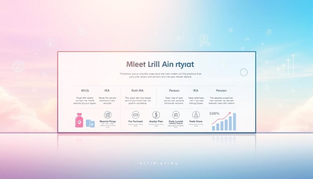 A high-resolution, detailed illustration depicting various retirement plan types at a glance. In the foreground, a vibrant display showcases different retirement account icons, such as a 401(k), IRA, Roth IRA, and pension plan, rendered in a clean, modern style. The middle ground features a sleek, minimal infographic highlighting the key features and benefits of each plan type. In the background, a soft, gradient-filled sky provides a serene, calming atmosphere, with subtle financial icons and graphs adding depth and context. The overall composition is well-balanced, with a focus on clarity and visual appeal to aid in understanding the complex topic of retirement planning.