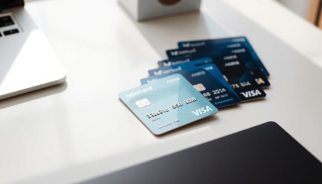 A high-resolution, detailed image of a clean, well-organized desk surface featuring a selection of student credit cards. The cards are arranged in a neat row, with their logos and key features prominently displayed. The lighting is soft and natural, creating a warm, inviting atmosphere. The background is a simple, minimalist white or light gray, allowing the credit cards to be the focal point. The image conveys a sense of professionalism, financial responsibility, and the careful consideration of financial options for college students.