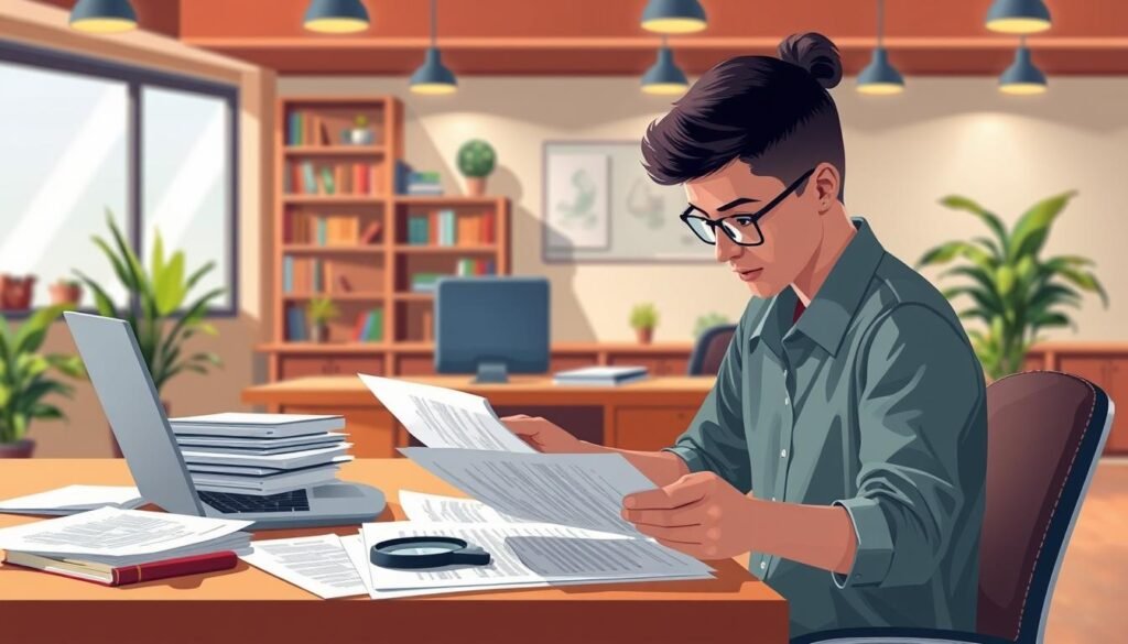 A high-resolution digital illustration showcasing the concept of "permit eligibility" for a student loan application. The foreground depicts a student reviewing various documents and forms, their face pensive as they scrutinize the details. The middle ground features a desk with a laptop, stack of papers, and a magnifying glass, symbolizing the administrative process. The background is a warm, inviting office setting with bookshelves, plants, and soft lighting, conveying a sense of professionalism and academic atmosphere. The overall composition suggests the thoughtful evaluation of eligibility criteria required for a successful student loan application.