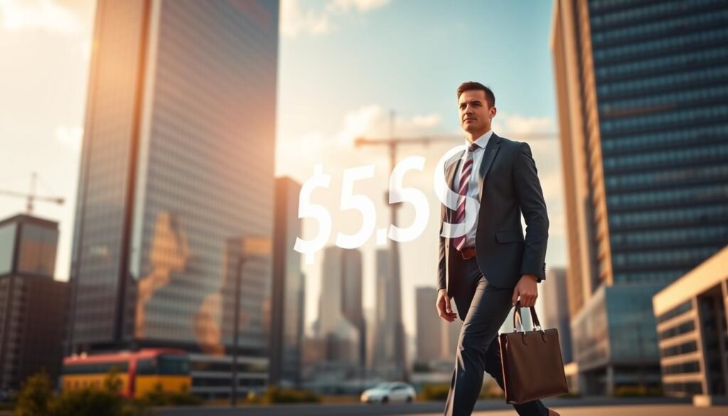 A high-rise office building, its sleek glass facade gleaming in the afternoon sun. In the foreground, a business executive strides purposefully, briefcase in hand, exuding confidence. Behind them, a bustling urban landscape, with skyscrapers and cranes dotting the skyline, symbolizing the growth and opportunity in Canada's finance sector. Subtle bokeh effect creates a sense of depth, with the salary figure prominently displayed as a holographic projection, suspended in the air before the executive, highlighting its importance. The lighting is warm and directional, casting dramatic shadows and emphasizing the subject's determined expression. The overall mood is one of professional ambition, success, and the financial prowess Canada's business landscape offers recent graduates.