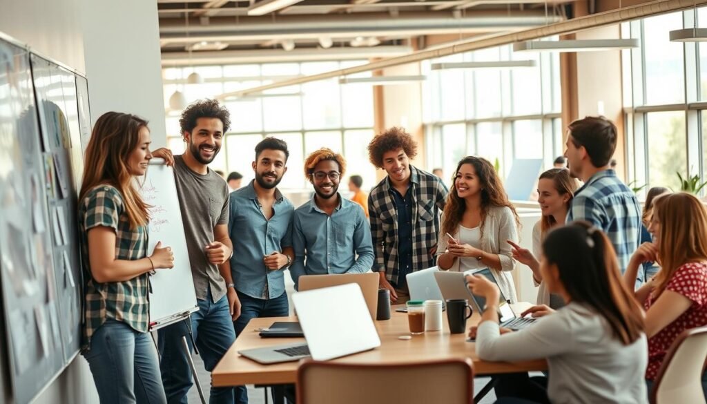 A lively summer internship scene at a bustling tech company. In the foreground, a diverse group of enthusiastic interns collaborate on a whiteboard, their faces alight with creative energy. In the middle ground, employees gather around a communal table, laptops open, exchanging ideas over coffee. The background reveals an open-concept office with floor-to-ceiling windows, flooding the space with warm, natural light. The atmosphere is one of productivity, camaraderie, and endless possibilities, capturing the essence of a transformative MBA internship experience at a leading U.S. company.