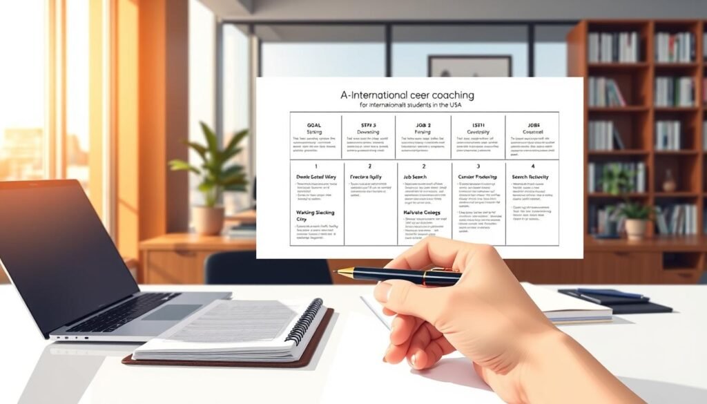 A meticulous illustration of a comprehensive career coaching plan for international students in the USA. The image depicts a sleek, modern desk with a laptop, notebook, and carefully arranged office supplies. In the foreground, a hand holds a pen, poised to take notes. The middle ground showcases a carefully curated roadmap, outlining the key steps of the coaching process, from goal-setting to skill development and job search strategies. The background features a warm, inviting office setting, with a bookshelf and a window overlooking a bustling city skyline, conveying a sense of professionalism and progress. The overall mood is one of focused determination and tailored guidance, perfectly aligned with the subject matter.