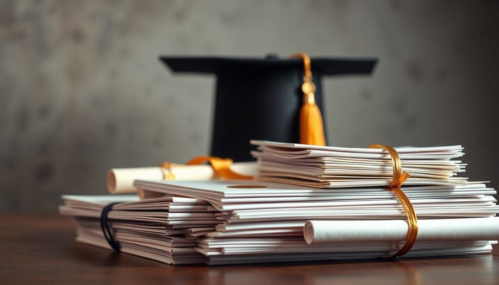 A meticulously composed still life showcasing the essential elements of academic qualifications. In the foreground, a stack of neatly organized certificates, diplomas, and transcripts, their crisp edges and formal seals reflecting the warm glow of a single spotlight. In the middle ground, a mortar board cap and a gold-trimmed tassel, symbols of academic achievement. The background fades into a subtle, textured backdrop, creating a sense of depth and emphasizing the importance of these hard-earned credentials. The lighting is soft and directional, casting gentle shadows that accentuate the tactile qualities of the materials. The overall composition conveys a sense of pride, accomplishment, and the enduring value of educational attainment.