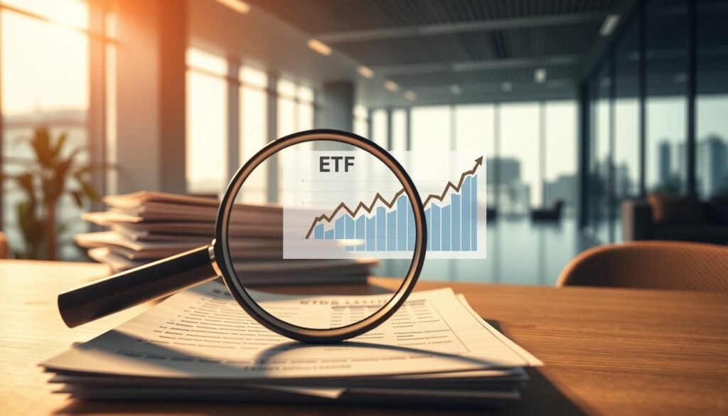 A meticulously crafted image depicting the concept of "management fees" for ETFs in Australia. In the foreground, a magnifying glass hovers over a stack of financial documents, highlighting the intricate details of management expense ratios (MER) and other associated costs. The middle ground features a stylized ETF chart, showcasing the impact of low fees on long-term investment growth. In the background, a sleek, minimalist office setting with floor-to-ceiling windows creates a sense of financial sophistication. The lighting is warm and inviting, casting a subtle glow over the scene, while the camera angle provides a balanced, professional perspective. The overall mood conveys a sense of clarity, precision, and the importance of understanding the true cost of owning an ETF in the Australian market.